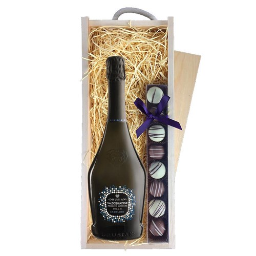 Drusian Valdobbiadene Prosecco Superiore D.O.C.G. Extra Dry 75cl & Truffles, Wooden Box